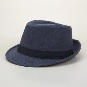 Classic navy blue wool felt fedora hat featuring a black ribbon band and stylish curled brim