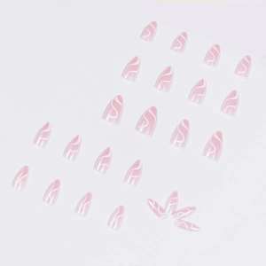 Pink almond press-on nails with white wave patterns in a 24-piece minimalist set