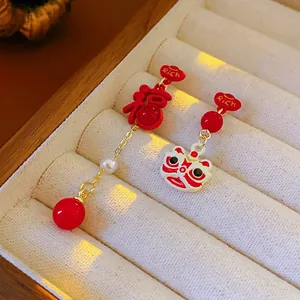 New Chinese style lion and Fu character drop earrings with red enamel and white pearls
