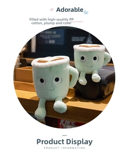 Close-up of plush latte cup toy with detailed embroidery and premium PP cotton filling