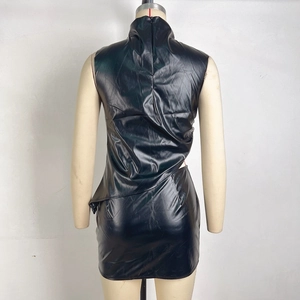 Rear view of black PU leather sleeveless bodycon dress with ruching and tiered detail