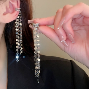 Silver sequin tassel ear cuff earrings with multi-row metal chains for non-pierced ears