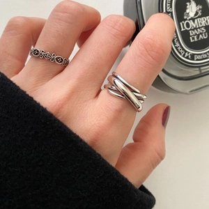 925 sterling silver multi-layer crossover ring and vintage beaded band stacked for women