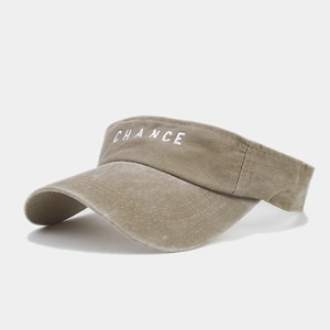 Close-up of white CHANCE embroidery on a khaki washed canvas sun visor hat