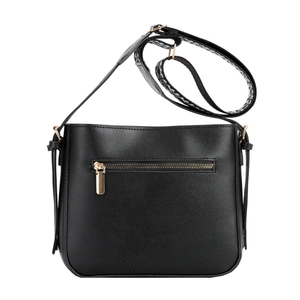Large black PU leather bucket bag with stylish wide patterned strap for women