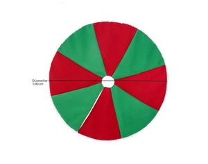 Detail view of 100cm red and green Christmas tree skirt with white pom-poms