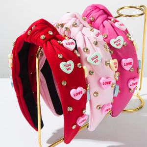 Sweet Knotted Fabric Headband With Resin Heart And Rhinestone Love Letter Valentine Day Hair Accessories