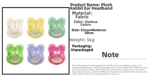 Multi-color plush rabbit ear headbands set showing soft fabric texture and 38cm size details