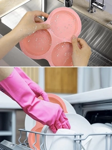 Washing pink silicone cake mold by hand and placing it into a dishwasher rack