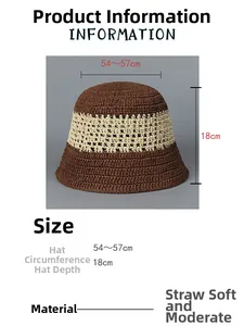 Detail view of woven straw bucket hat showing hollow-out texture and striped pattern