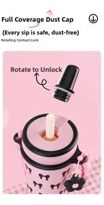 Detail showing the rotating dust cap with locking mechanism on a pink straw water bottle