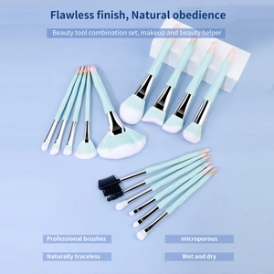 15-piece professional makeup brush set with mint green handles and blue gradient bristles
