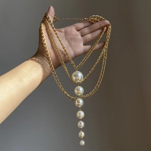 French Vintage Multi-Layer Alloy Chunky Chain Necklace With White Graduated Imitation Artificial Pearl Pendant Retro Design