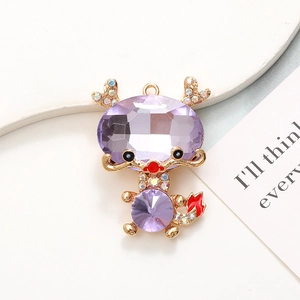 Exquisite purple crystal zodiac dragon charm with golden alloy base for DIY accessories