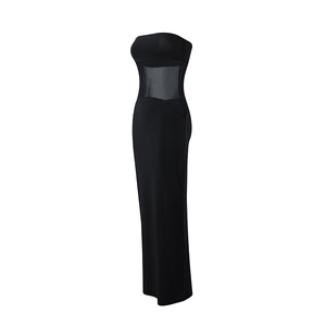 Detail of sheer black mesh patchwork on a sexy strapless tube maxi bodycon dress