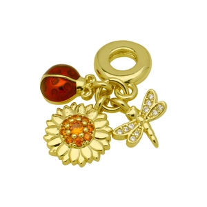 Detailed 18K gold charm featuring a red ladybug, orange sunflower, and zircon dragonfly