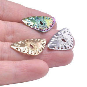 Three triangle eye-shaped stainless steel charms in rainbow gold and silver finish