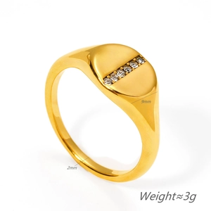 Minimalist gold signet ring with row of diamonds, 9mm width and 3g weight specifications