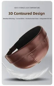 Detail of premium brown PU leather hat featuring 3D tailoring and thermal warmth lining