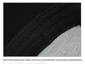 Detail of widened thick sweatband with moisture-wicking fabric and fine stitching