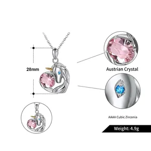 S925 sterling silver unicorn heart pendant with pink crystal and blue cubic zirconia