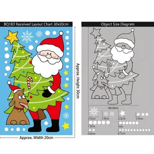 Size chart for Christmas glass stickers featuring Santa and dog decals, 20x30cm layout size