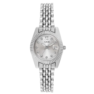 Elegant silver stainless steel ladies watch with crystal markers and date window