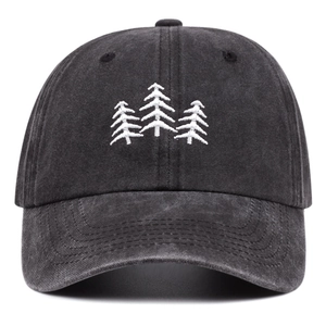Vintage dark gray washed cotton baseball cap featuring three white tree embroidery
