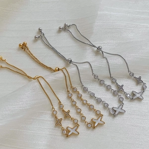 Adjustable Drawstring Bracelet Stainless Steel Star Cross Zircon Inlay Mother Of Artificial Pearl Charm For Women Chic Jewelry