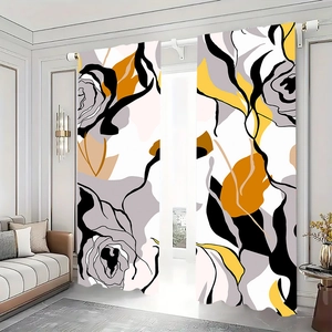 Detail view of polyester curtains featuring modern abstract yellow and grey roses