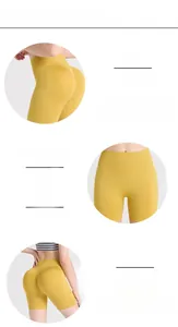Détails en trois vues du short de yoga jaune à taille haute avec effet push-up sculptant