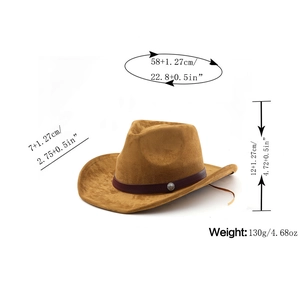 Detail view of brown suede cowboy hat showing dimensions 58cm head girth and weight