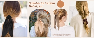 Collage of satin ribbon hair ties in multiple colors shown on various hairstyles