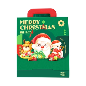Green backpack-shaped Christmas gift box with red handle and Merry Christmas typography