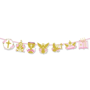 God Bless banner with gold glitter cross and pink floral decorations for baby baptism parties