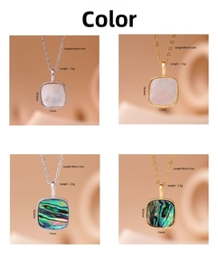 Detail showing 18K gold plated necklaces with mother of pearl square pendants and dimensions