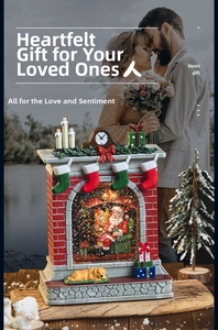 Illuminated Christmas fireplace music box with Santa miniature and glowing LED lights