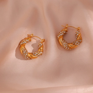 Chic 18K gold plated twisted rope hoop earrings with sparkling white cubic zirconia stones