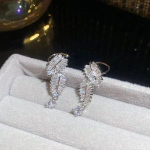Detailed macro of silver feather zircon ear clips on a velvet display box base