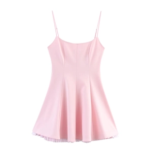 Pink Spaghetti Strap Mini Dress Stripe Patchwork Satin Polyester A-Line Summer Party Elegant Sleeveless