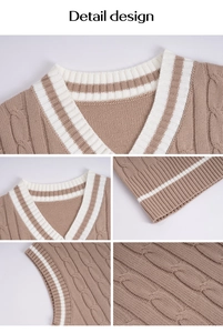 Detailed views of V-neck knit vest featuring cable knit patterns and contrast striped hem