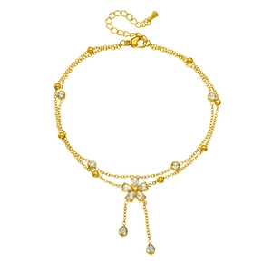 Double-layer gold stainless steel flower anklet with teardrop zircon charms
