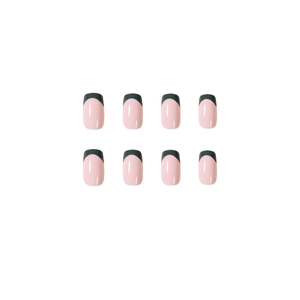 Olive green French tip press-on nails in short squoval shape with glossy finish