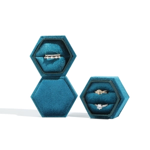 Peacock blue hexagonal velvet jewelry box for rings with premium plush texture
