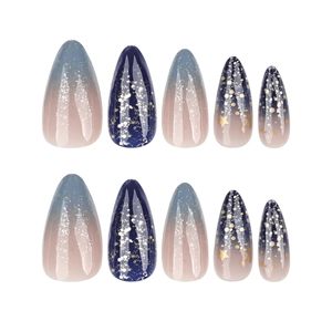 Blue and pink gradient starry sky press-on nails with silver glitter and gold stars