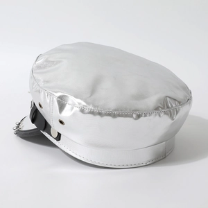 Silver metallic punk sailor hat with studs and rings featuring a leather strap decoration