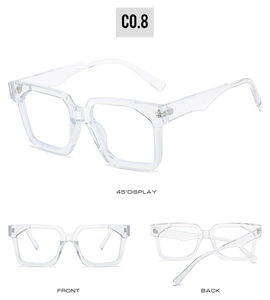 Drei Ansichten der transparenten eckigen Sonnenbrille in Frontal-, Rück- und Seitenansicht