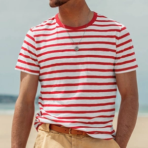 Detail of red and white striped men's crew neck T-shirt with a single chest pocket