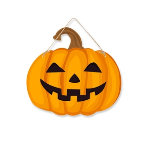 Detail of wooden Halloween pumpkin sign with a carved jack-o'-lantern face and jute rope