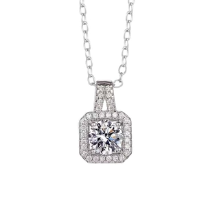 Silver square halo necklace featuring a round cut moissanite pendant on a cross chain